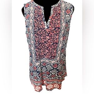 Lucky Brand Blue Boho Eclectic Hippie Southwestern Geometric Split Neck Tank Top